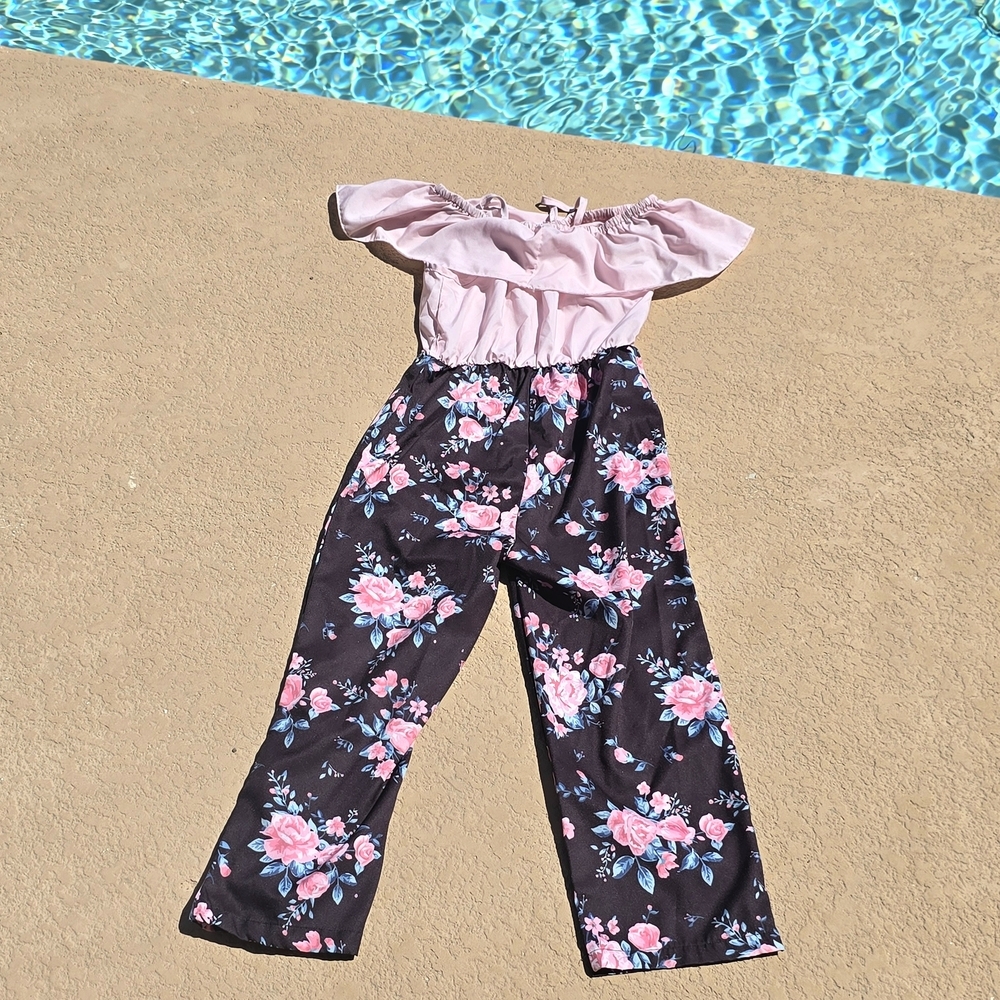 Girls Floral Off-Shoulder Jumpsuit - Pink and Black